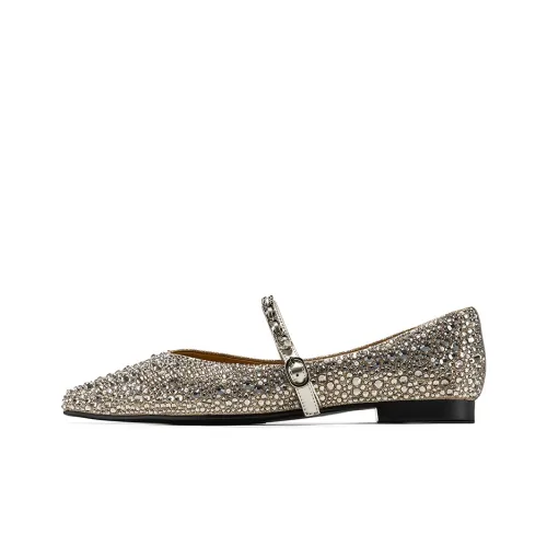 GG CC [Evening Soft Starry] Мода Балет Rhinestone Flat Mary Jane Women's Light Gold