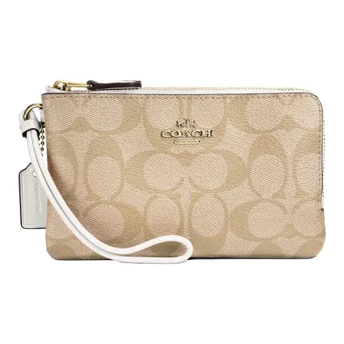 COACH Corner Zip Покрытый холст Маленькая сумка на запястье Клатч Маленькая Женская Светлый хаки и Белый