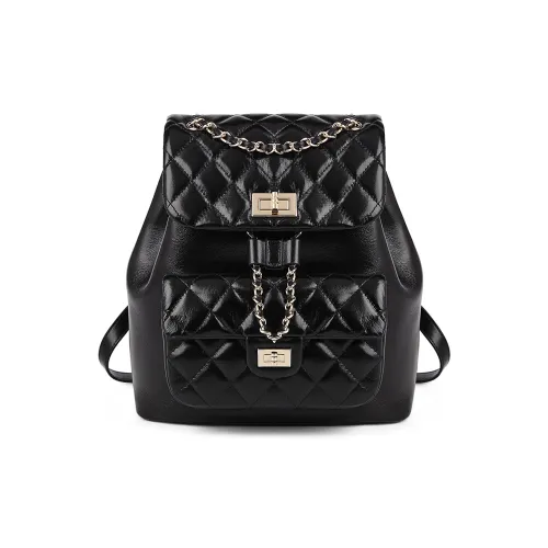 FOXER Коровья кожа Универсальный рюкзак с узором "ромб" Цепь Рюкзак Стандартный Женские Черный