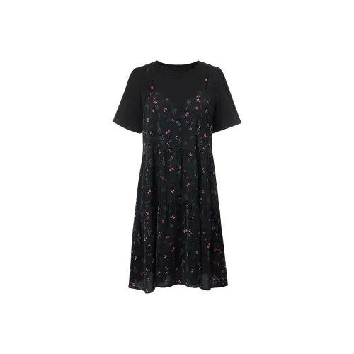 MSSHE Черное с Розовым Цветом Женское Короткое Платье с Длинными Рукавами