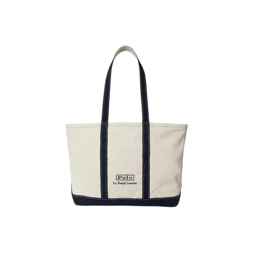 Polo Ralph Lauren Canvas Cotton Shoulder Bag Medium Unisex Beige Navy Blue Поло Ralph Lauren Холст Хлопок Плечевая Сумка Средняя Унисекс Бежевый Морской Синий