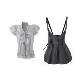 Blue Gray Polka Dot Two-Piece Set (Blue Gray Top + Gray Jumpsuit)  
Синий Серый Гороховый Комплект из двух предметов (Синий Серый Топ + Серый Комбинезон)