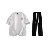 Комплект одежды (Белая и Серая футболка с красным логотипом + Черные повседневные штаны)