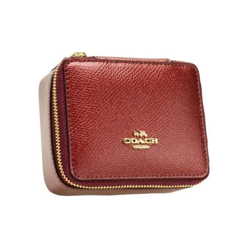 COACH Ювелирные украшения Bo Кожа Хранение Коробка Мини Женские Металл Вишнево-красный Золотой Застежки-молнии