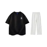 Комплект одежды (Черная футболка с белым логотипом + Бело-серые повседневные штаны Фотиния)