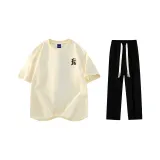 Комплект одежды (Бежевая Желтая футболка с Черным логотипом + Черные Повседневные штаны)