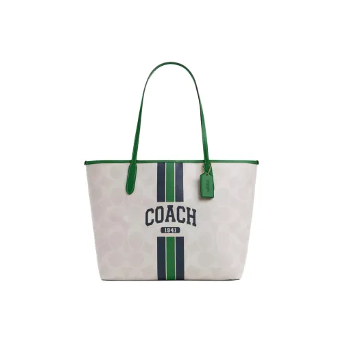 COACH City Canvas Тоут Сумка Сумка для покупок Сумка Большая Женская Серый и Синий Зеленый
