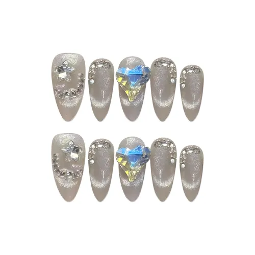 BDQC Smile Cat Eye Soft Elegance Icy Clear Heart Diamond Office LADY Style Premium 25mm False Nail Almond Nude Gradient