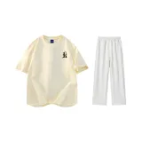 Комплект одежды (Бежевая Желтая Футболка с Черным Логотипом + Белые Серые Штаны Фотиния)