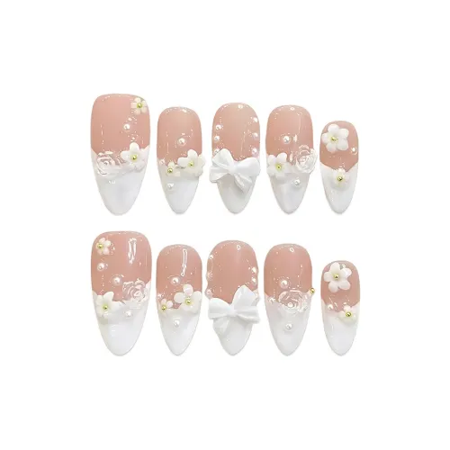 BDQC 2025 Spring Осветляющий Цветочный 3D Эффект Бант 20 мм False Nail Almond Светло-Розовый Градиент Instagram Стиль