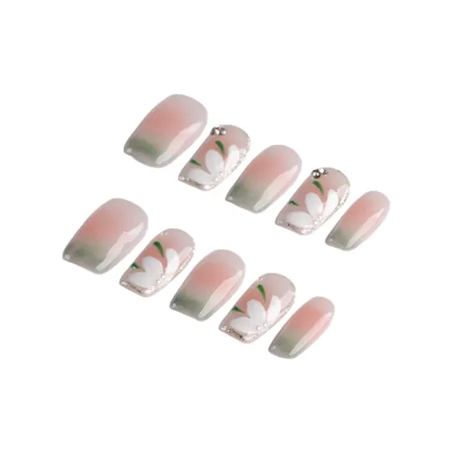 BDQC Зеленый Эльф Ледяной Цветочный дизайн Камелия 20mm False Nail Средний LADDER Розовый зеленый Градиентный Стиль Инстаграм