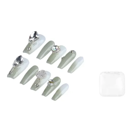 BDQC Tender Стиль феи Сверкающий страз Элегантность False Nail Средний LADDER Светло-зеленый Градиентный Стиль Instagram