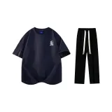 Комплект одежды (Темно-синяя футболка с белым логотипом + черные повседневные штаны)
