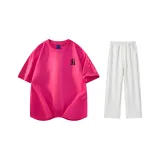 Комплект одежды (Розовая и красная футболка с черным логотипом + белые и серые повседневные штаны Фотиния)