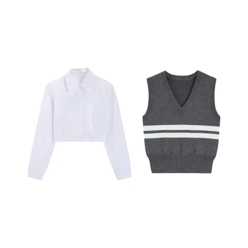 MO VOICE Темно-серый топ без рукавов + Белая рубашка Женская трикотаж