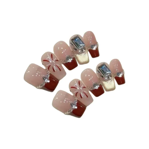 BDQC Французский Фейерверк Кошачий глаз Сверкающий страз Осветляющий 20mm False Nail Короткий LADDER Красный Однотонный Милый