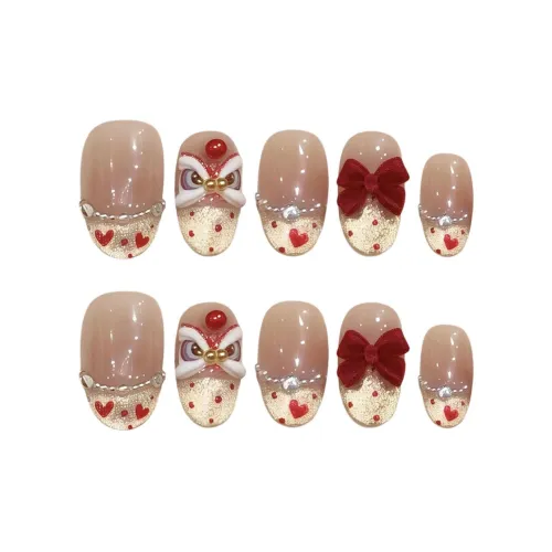 BDQC Кошачий глаз Лев Бант False Nail Средний LADDER Красный Градиентный Новый китайский стиль