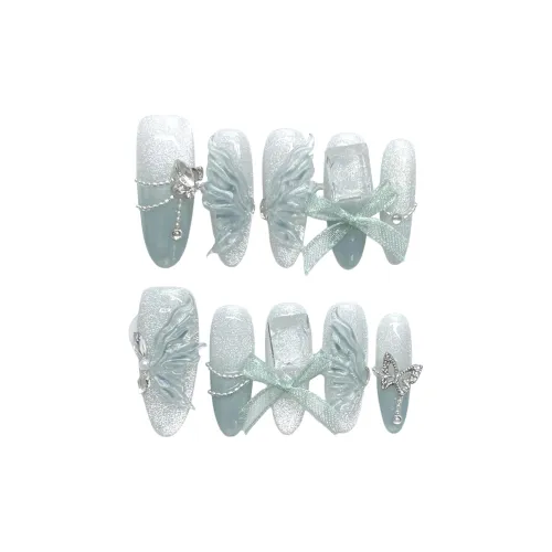 BDQC Фея Стиль Светло-Синий Бабочка Фея Осветляющий Ручная Работа Nail Art 25 мм Искусственный Ногтик Миндально-Зеленый Градиент Милый