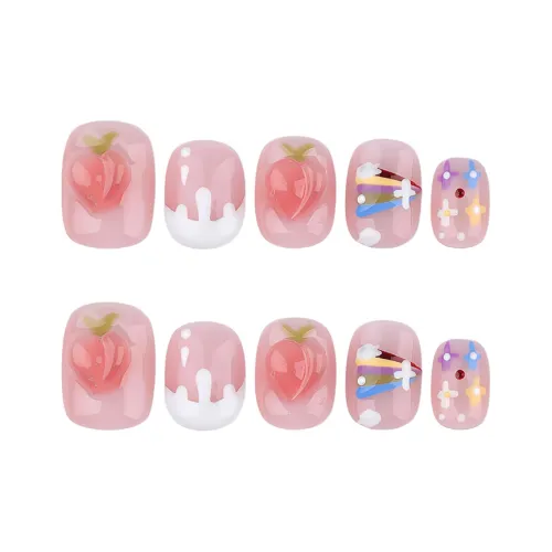 BDQC 3D-эффект Fun Ice Cream Персик Осветляющий False Nail 15 мм False Nail Короткий LADDER Розовый Однотонный Сияние