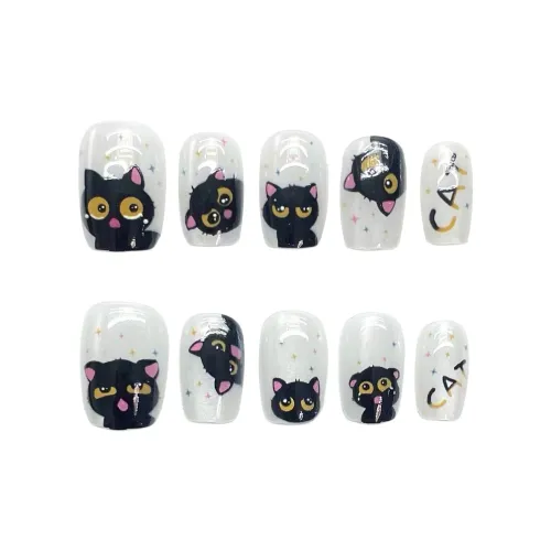 BDQC Милый 3D-эффект Черный кот Осветляющий False Nail 15mm False Nail Короткий LADDER Черный белый Однотонный Милый