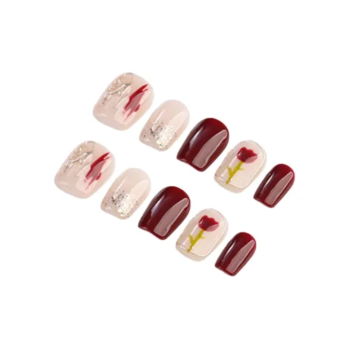 BDQC HAND DRAWN Тюльпан Осветляющий False Nail Короткий LADDER Бордовый Smudge Стиль Instagram