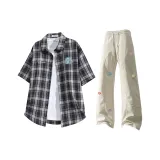 Blue Shirt + Light Khaki Casual Pants  
Синий Шёлковая Рубашка + Светло-хаки Повседневные Штаны