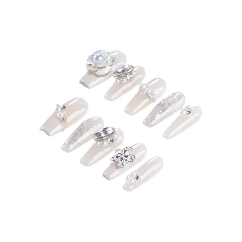 BDQC Элегантный 3D-эффект Камелия Осветляющий False Nail MID Длина Белый Однотонный Стразы Украшенный