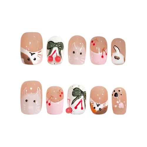 BDQC 3D-эффект Милый Кошка Вишня Осветляющий Детский Мягкий False Nail 20 мм False Nail Короткий LADDER Мультяшный Градиентный Милый