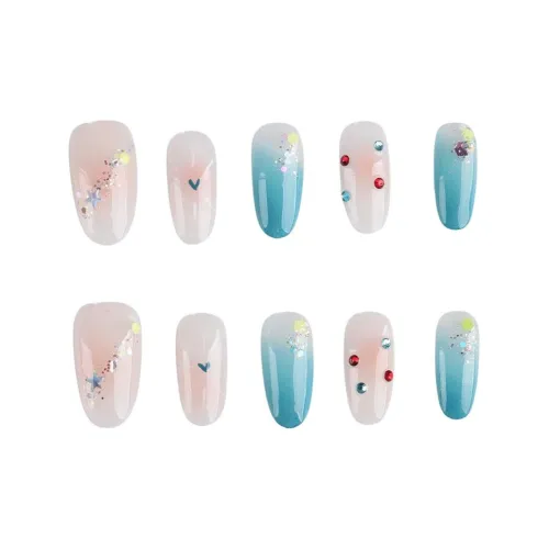 BDQC Свежий Осветляющий Весенний Дофаминовая одежда Handcrafted False Nail 20 мм Искусственный Ногтик Миндаль Сине-белый