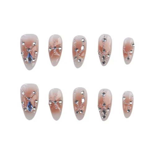 BDQC HAND DRAWN Сверкающий страз Стиль феи False Nail Миндаль Укороченный Оранжево-красный Румяна Stain Стиль Инстаграм