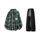 Зеленый клетчатый + черный повседневный брюки