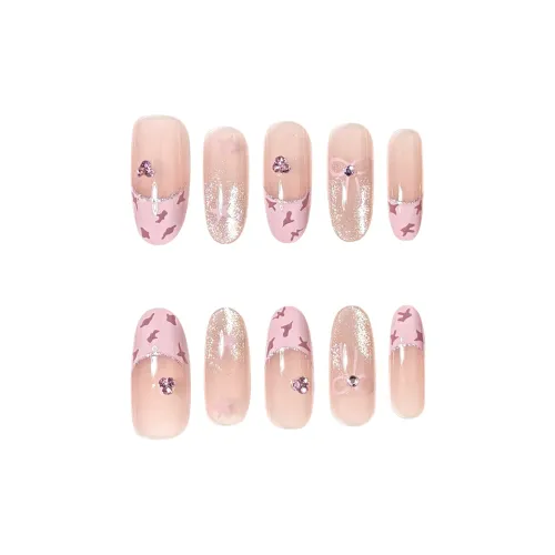 BDQC Spring Fresh Leopard Print Bowknot False Nail Oval Square Pink Jump Color Rhinestone Embellished