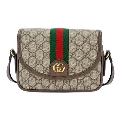 GUCCI Ophidia Холст с кожей Обметка Курьерская сумка Сумки через плечо Сумка через плечо Мини Женская Бежевая и Эбеновая