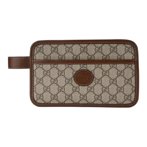 GUCCI Canvas Кожаная вставка Холст Сумка для туалетных принадлежностей Путешественная сумка Клатч Унисекс Эбеновое дерево Коричневый