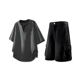 Черный Tie-Dye с короткими рукавами + черные джинсовые шорты