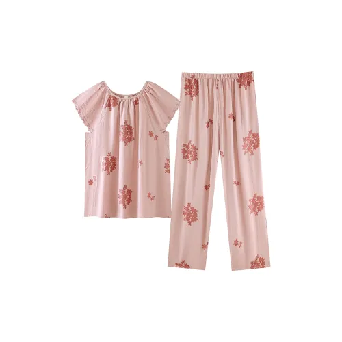 ZumashL S85172# Короткий рукав Рубашка и Штаны Мягкий матовый Пион Женские Пижамные комплекты