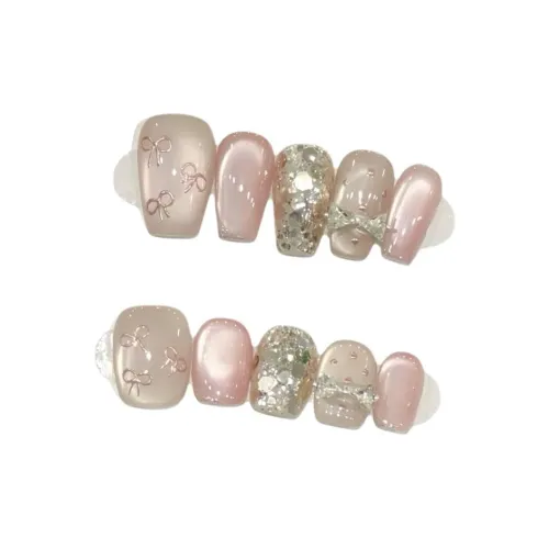 T Z Премиум Кошачий глаз Блестящий розовый Бант Ледяная прозрачность False Nail Укороченный Квадрат Румяна Blending Телесный Стразы Украшенный