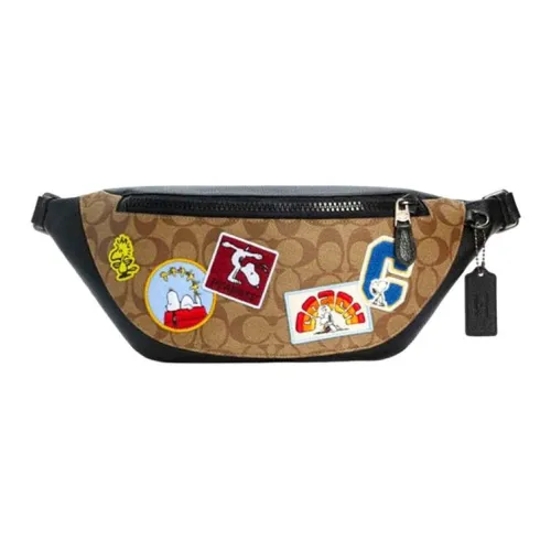 COACH Peanuts Snoopy Коллаборация Warren Canvas Leather Бананка Large Мужской Khaki с Монограммой Black