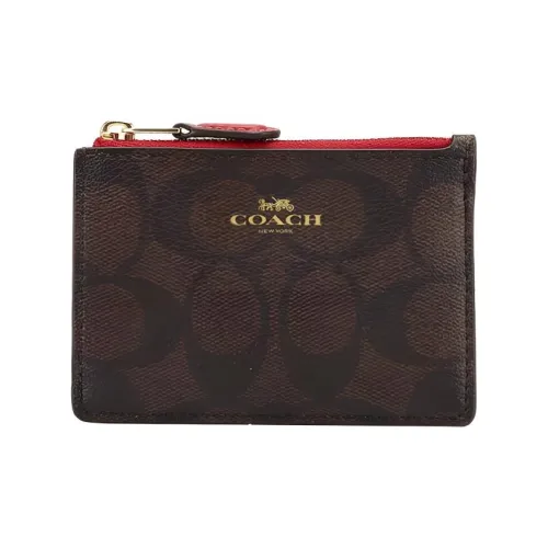 COACH Mini Id Skinny Холщовая кожа Картхолдер Key Pouch Кошелек Женские Темный кофейный Красный