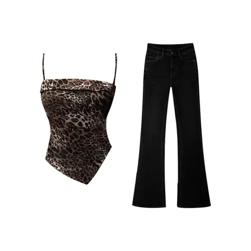 MARIE·COCO Топ на бретелях с леопардовым принтом + Брюки, повседневный костюм для женщин