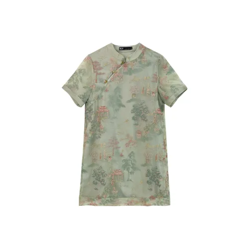 JK&JS Рисование Зеленый Женские Короткие Платья с Длинными Рукавами