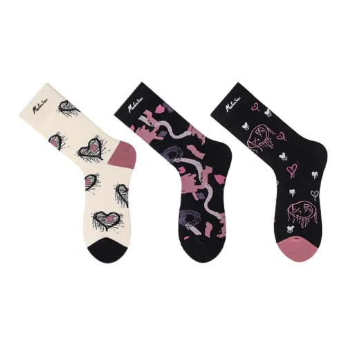 Mulinsen [3 упаковки] С принтом в виде сердца + линия + улыбающееся лицо + сердце Унисекс носки до икры MID