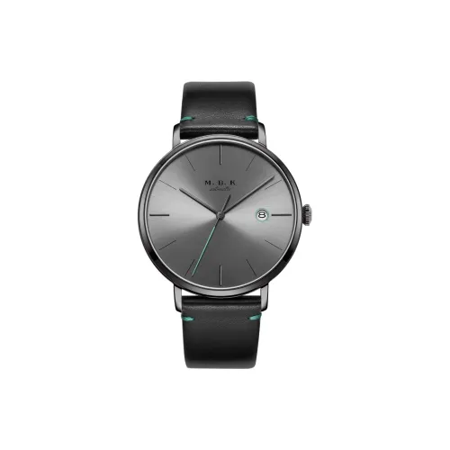MBK Автоматический Механический Механизм Коровья Кожа Ремешок Часы Мужские Черный Циферблат