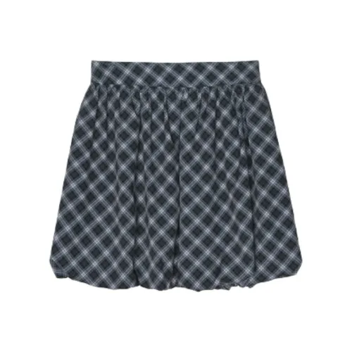 Nick Nicole CHECK BALLOON MINI SKIRT_Темно-синий Синий Повседневная Короткая Юбка Женская