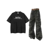 Washed Black Short-Sleeved + Camouflage Jeans  
Вымытый Черный Короткий Рукав + Камуфляж Джинсы