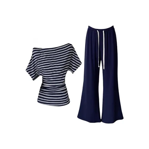 SISC Темно-синий Синий Полосы Топ + Темно-синие Синий Брюки Женские Повседневные Костюмы