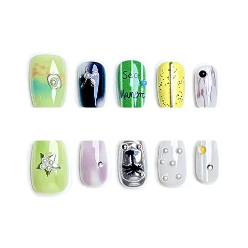 Yun Yue Joe Ins Эксклюзивный Seaside Vacation Korean Style Серебряный False Nails Short Серебряный Gradient Instagram Style