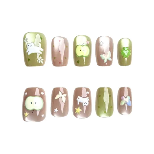 Yun Yue Joe Зеленое яблоко Котенок Милый Кошачий глаз Гороховый узор SWEETIE False Nail Короткий LADDER Зеленый Градиентный Кошачий глаз
