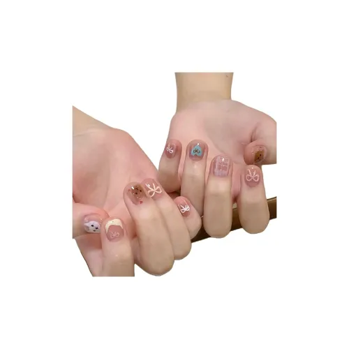 T Z Cartoon Graffiti Медведь Сердце Бант False Nail Заостренный Миндаль Укороченный Ледяной Прозрачный Телесный Красный Размытый Милый