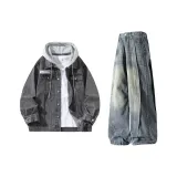 Дымчатый серый топ + винтажные синие штаны